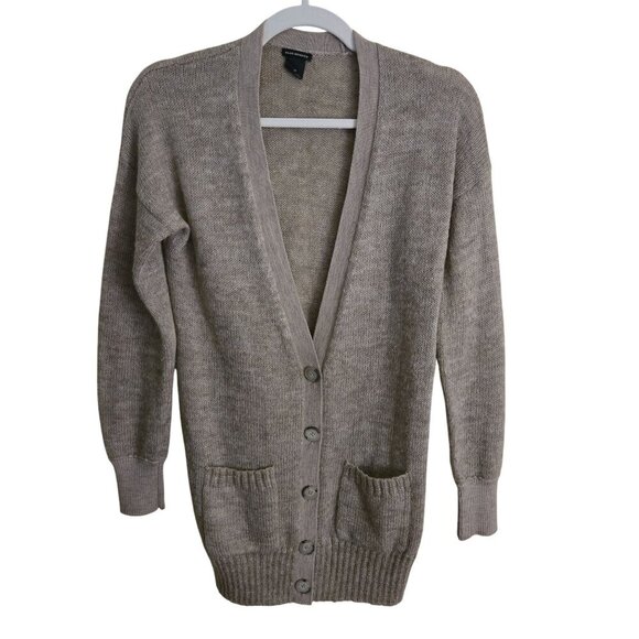 Club Monaco Neutral Wool Blend V Neck Elbow Patch Cardigan Sweater *Flaw Size S - Picture 1 of 7